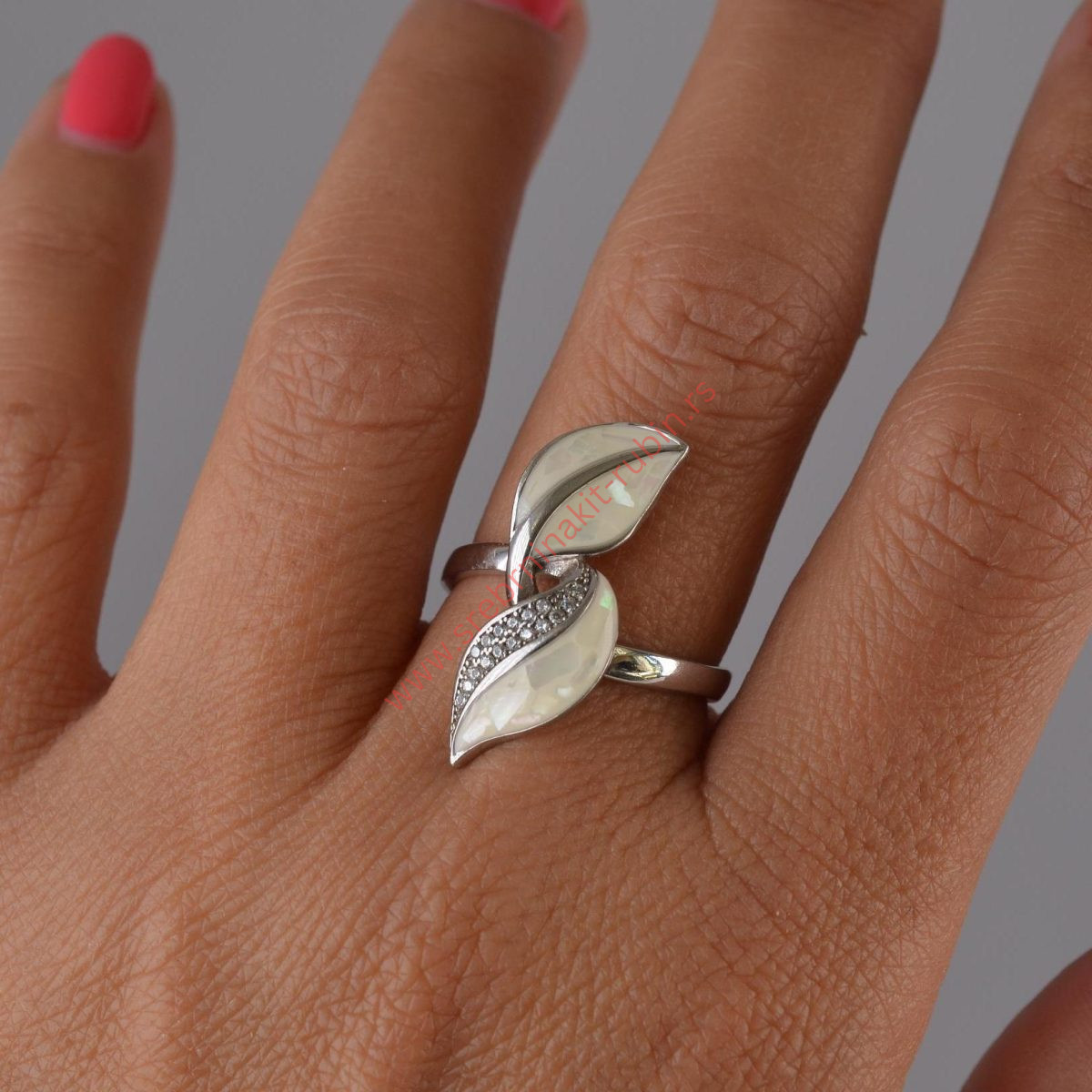 Prsten sedef beli sa cirkonima - 0153 - Slika 2